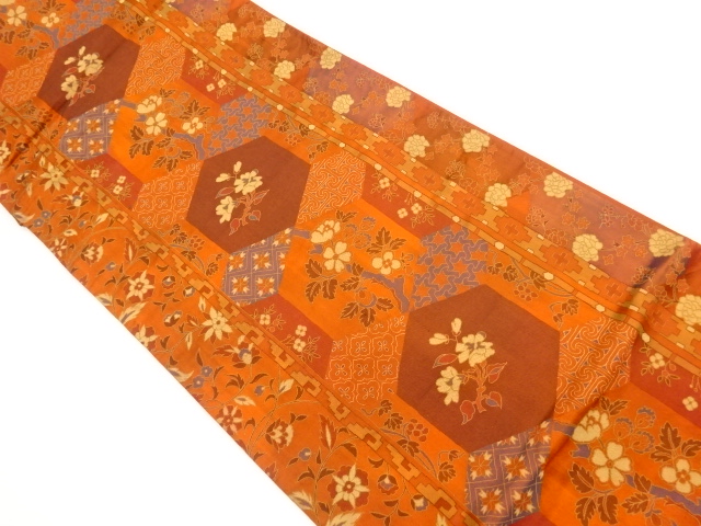 リサイクル　亀甲に花々模様織出し袋帯